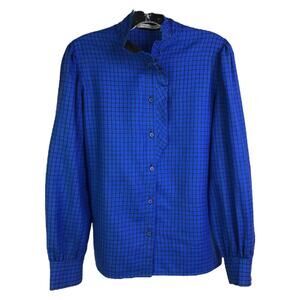 Guy Laroche Button Down Shirt Women Sz 38 Blue Black Check Ruffled Collar